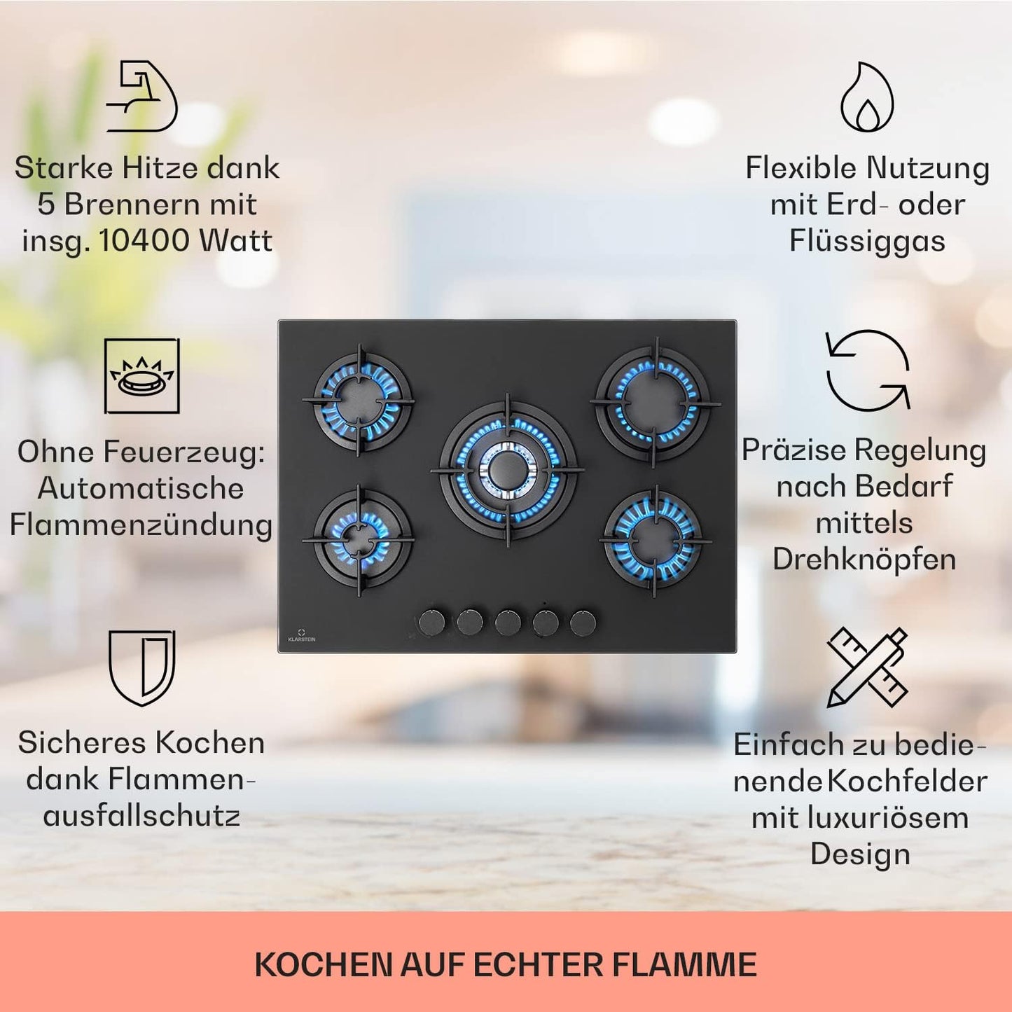 Klarstein Gasherd, Einbau-Gasherd für Propan Gasflasche, Gaskochfeld 4 Flammig, Gasherd für Küche, Camping & Wohnmobil, 8000 W Kochplatte, LPG Gaskocher, Herdplatte für Propangas, Edelstahl Gas-Herd