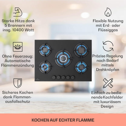 Klarstein Gasherd, Einbau-Gasherd für Propan Gasflasche, Gaskochfeld 4 Flammig, Gasherd für Küche, Camping & Wohnmobil, 8000 W Kochplatte, LPG Gaskocher, Herdplatte für Propangas, Edelstahl Gas-Herd