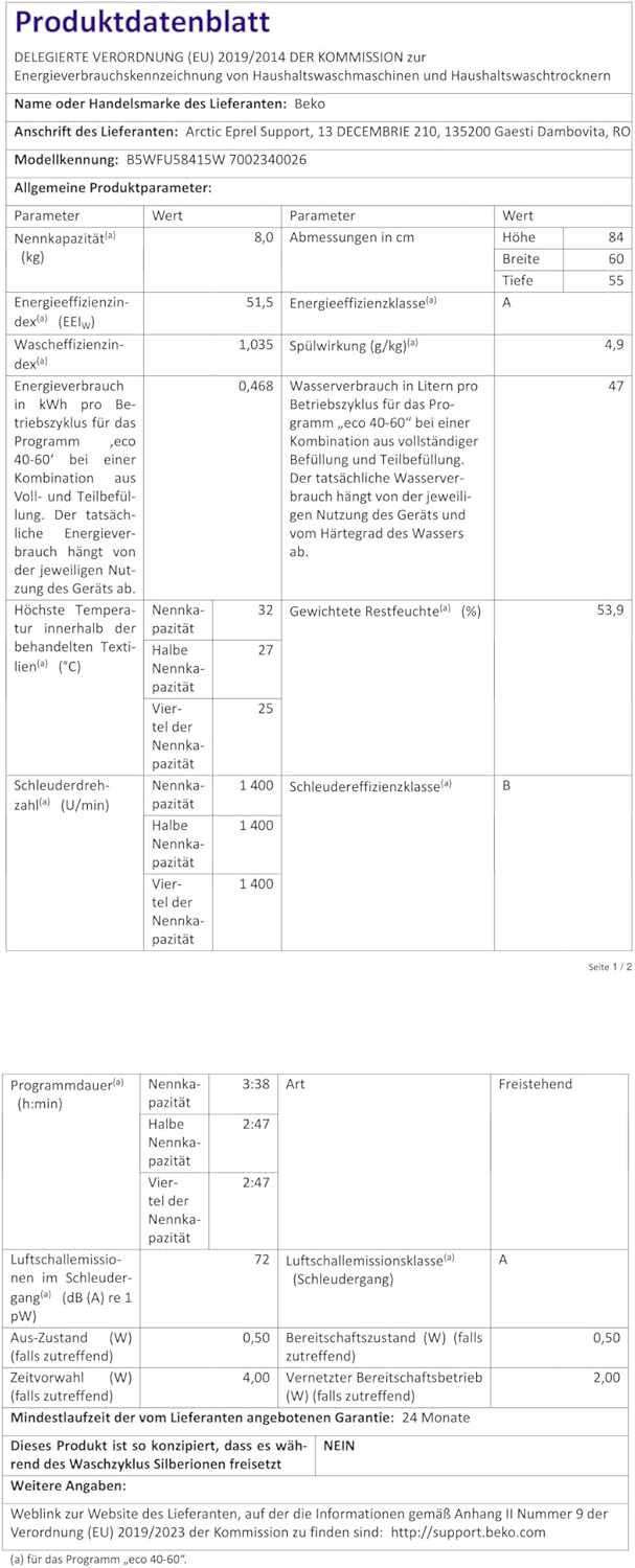 Beko B3WFU58415W1 b300 Waschmaschine, 8 kg, Waschvollautomat, Restzeitanzeige, Schleuderwahl, 1400 U/min, Dampffunktion, AddXtra-Nachlegefunktion, Bluetooth, Hygiene+ allergikergeeignet, Weiß