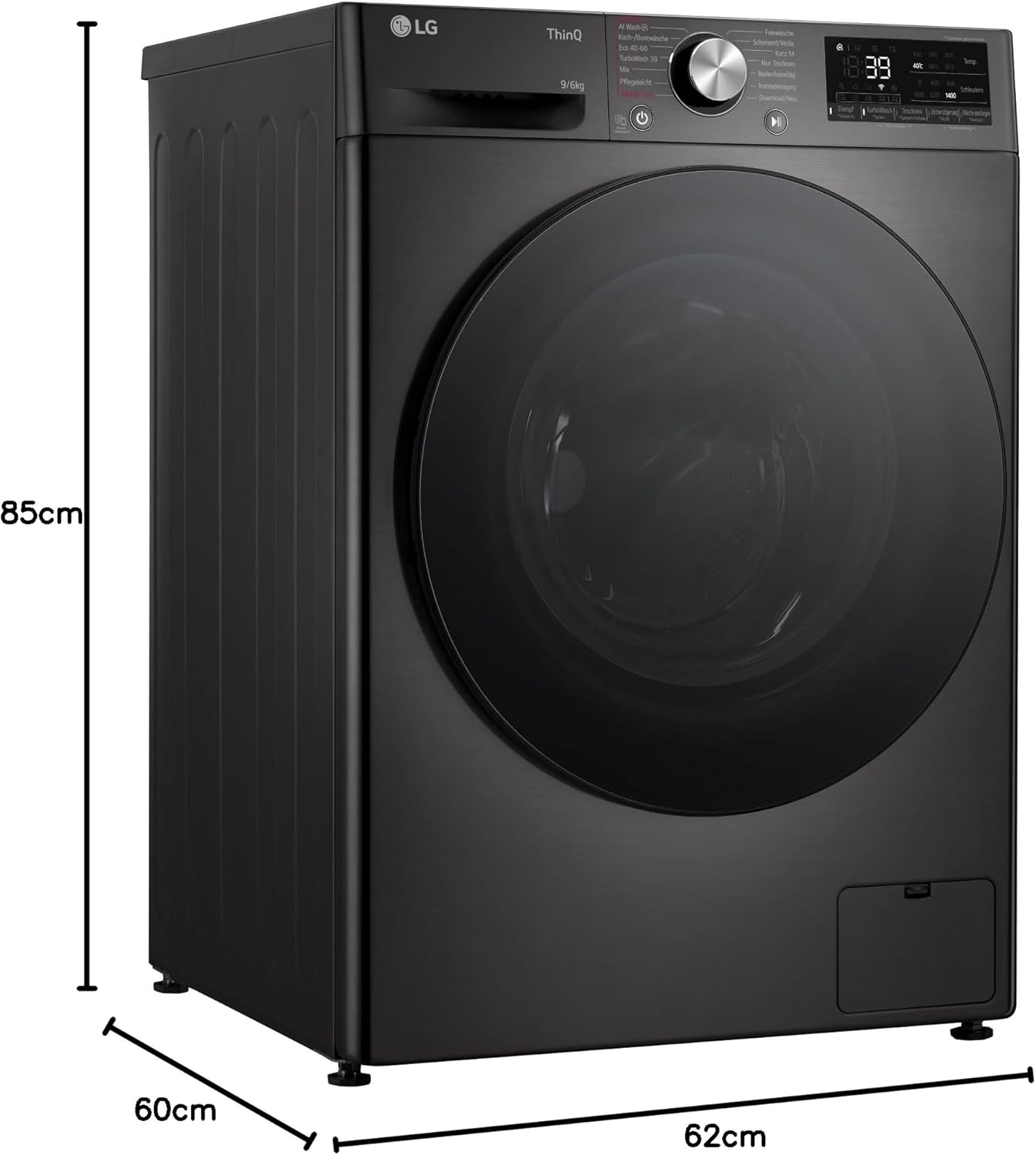 LG W4WR7096YB, Klasse D, Frontlader-Waschtrockner 9 - 6 kg, 62 x 60 x 85 cm, Wi-Fi, AI Direct Drive, Tiefenreinigung mit Dampf, TurboWash 360, Große Kapazität, Außentür aus gehärtetem Glas, Weiß