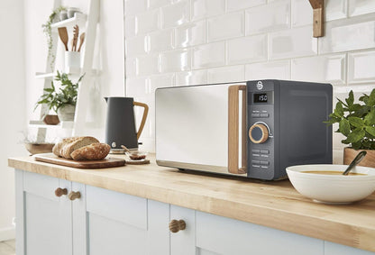 Swan Nordic Frühstücksset, Wasserkocher, 1,7 l, 2200 W, Breitschlitz-Toaster, 2 Scheiben, digitale Mikrowelle 20 l, modernes Design, Holzoptik, grau