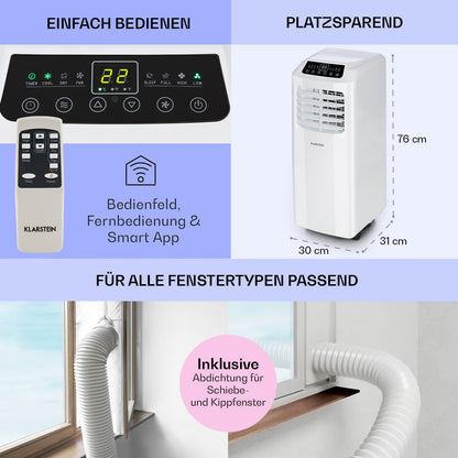 Klarstein Klimaanlage, 4-in-1 Klimagerät, Entfeuchter, Ventilator & Nachtmodus, Mobile Klimaanlage mit Abluftschlauch, App-Steuerung, Air Conditioner für Räume bis 44 m², 9000 BTU, Weiß