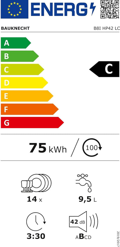 Bauknecht BCIO 3T341 PLET Vollintegrierbarer Geschirrspüler 60 cm /Edelstahl/14 Maßgedecke/10 Standardprogramme und 1 Sensorprogramm/PowerClean/ActiveDry/Besteckschublade/Vollwasserschutz