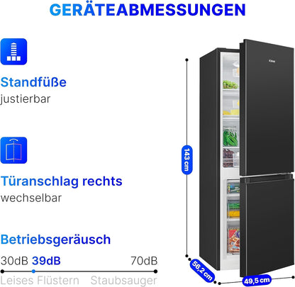 Bomann® Kühlschrank mit Gefrierfach 143cm hoch | Kühl Gefrierkombination 175L mit 3 Ablagen & 3 Schubladen | Türanschlag wechselbar | leise Kühlgefrierkombi 39db | Kühlschrank KG 322.1 inox-look