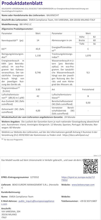 Bauknecht BCIO 3T341 PLET Vollintegrierbarer Geschirrspüler 60 cm /Edelstahl/14 Maßgedecke/10 Standardprogramme und 1 Sensorprogramm/PowerClean/ActiveDry/Besteckschublade/Vollwasserschutz