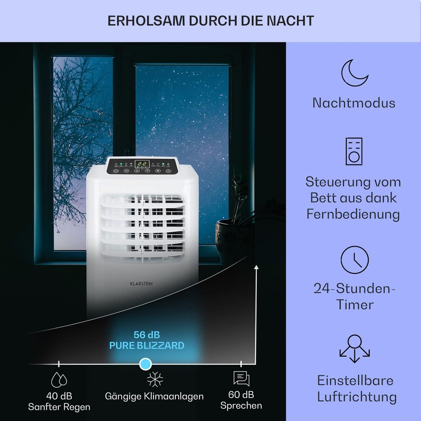 Klarstein Klimaanlage, 4-in-1 Klimagerät, Entfeuchter, Ventilator & Nachtmodus, Mobile Klimaanlage mit Abluftschlauch, App-Steuerung, Air Conditioner für Räume bis 44 m², 9000 BTU, Weiß