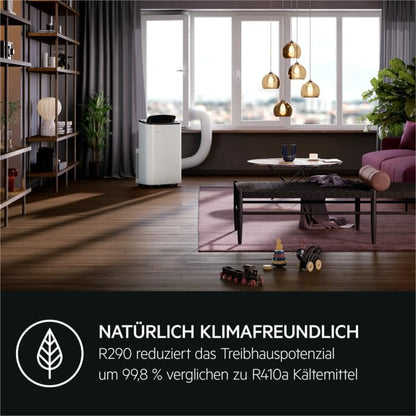 AEG Chillflex Pro AXP26U338CW mobile Klimaanlage / LED Display / Touch-Buttons / Fernbedienung / 30-40 m² / Kühlfunktion / Ventilator / Entfeuchtungsfunktion / Automatik / weiß/silber/schwarz