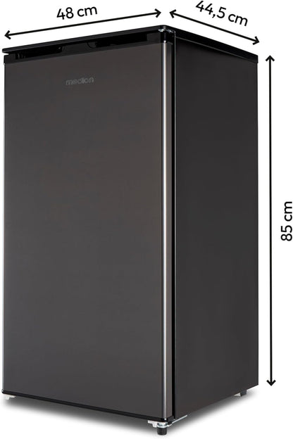 MEDION Kühlschrank mit Eiswürfelfach (90L Gesamt-Nutzinhalt 80L Kühlteil 10L Eiswürfelfach, transparente Gemüseschublade, freistehend, wechselbarer Türanschlag, höhenverstellbare Füße, MD37690) grau