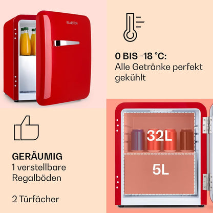 Klarstein Audrey Mini - kleiner Kühlschrank, kompakte Mini-Bar, freistehend, Kompressionskühlung, Fassungsvermögen, Kühlung: 0-10 °C, Mini-Kühlschrank mit 70 Liter Fassungsvermögen, rot