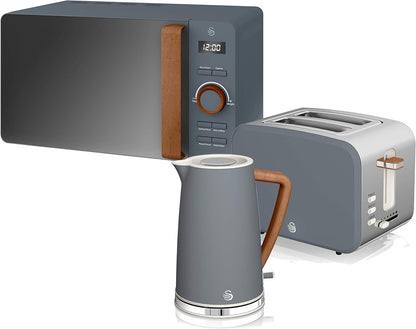 Swan Nordic Frühstücksset, Wasserkocher, 1,7 l, 2200 W, Breitschlitz-Toaster, 2 Scheiben, digitale Mikrowelle 20 l, modernes Design, Holzoptik, grau