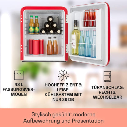 Klarstein Audrey Mini - kleiner Kühlschrank, kompakte Mini-Bar, freistehend, Kompressionskühlung, Fassungsvermögen, Kühlung: 0-10 °C, Mini-Kühlschrank mit 70 Liter Fassungsvermögen, rot